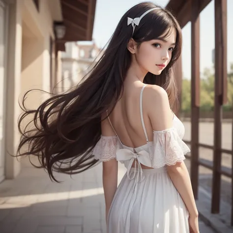 (((medium full shot))), (Masterpiece, photorealistic, photorealism, best quality, ultra-detailed:1.3), (nice hands, perfect hands), official art, cinematic light, (beautiful European girl:1.3), 15 years old,adult, solo, long hair, breasts, looking at viewe...