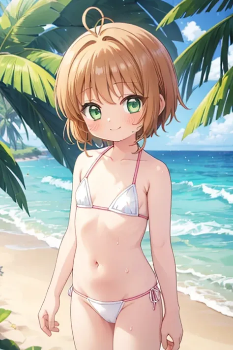 beach,1girl, kinomoto sakura, solo,white micro bikini, green eyes, pussy, brown hair, , short hair, navel,flat chest,blush,get wet,antenna hair,closed mouth,looking at viewer,smile,back view