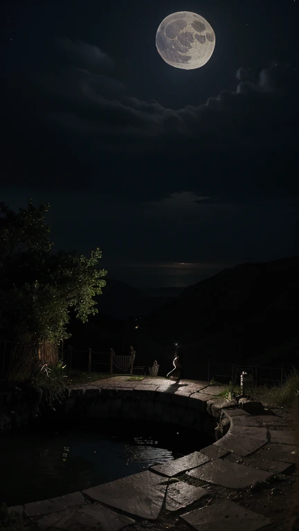 En una aldea, There was a bottomless pit that the elders said was cursed.. Cada noche de luna llena, se escuchaban susurros escalofriantes emergiendo de sus profundidades.