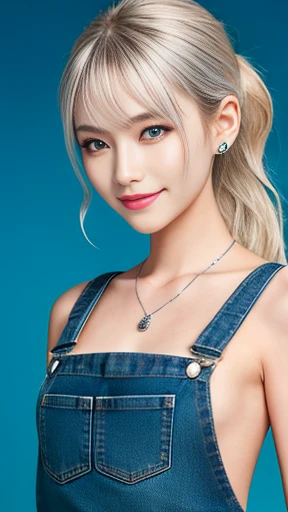 highest quality、masterpiece、One Girl、whole body、Very delicate and beautiful girl、8K Wallpaper、Beautiful details、Beautiful sparkle、Cinema lighting、(((Silver Hair、Long Hair、ponytail)))、Aqua blue eyes、Big smile、blush：1.4、necklace、Long piercings、（Sexy Gal：1.35...