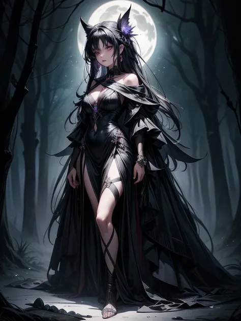 A captivating artwork of a darkly enchanting female character in a shadowy, magical setting. The full-body view reveals her in dark and magical clothes of black and purple, perfectly matching her mysterious aura. Her short black hair and intense crimson ey...