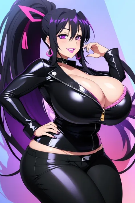 Akeno Himejima, 1girl, (((bimbo))), long blue gray hair, purple eyes, ear rings, (((bimbo))), puffy lips, painted lips, thick lips, smile face, wide hips, thick thighs, huge natural breasts, black jeans, black latex top