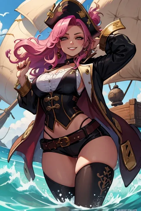 a pink haired female pirate with violet eyes with an hourglass figure in a pirate outfit is holding a cannonball with a big grin...