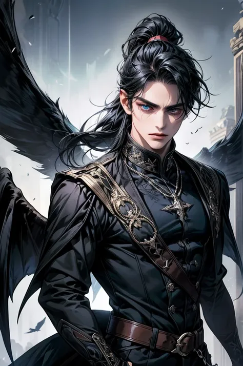 a boy with medium-length black hair in a ponytail, an x-shaped fringe, demon and black wings, wearing an elegant outfit, blue ey...