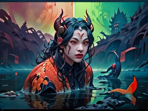 (Demon face and carp body:1.9)A giant mermaid with、Climbing a raging river、(Ukiyo-e:1.9)、woodblock print、Another landscape、grotesque、Intricate details、Bright colors、Dramatic lighting、Surreal atmosphere、aquatic environment、Fantasy creatures、Dynamic pose、(hi...