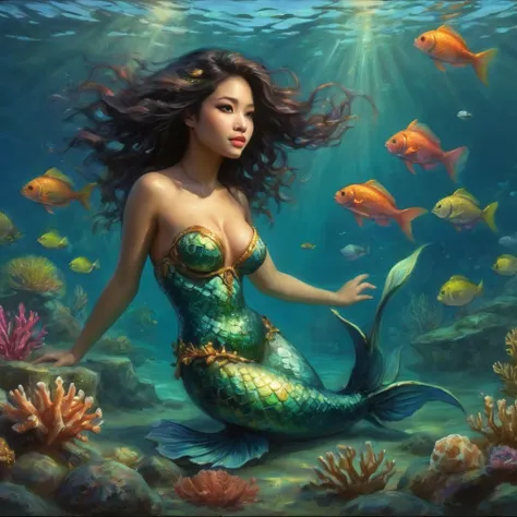 a beautiful mermaid princess, (malaysian, age 25, busty, broad hips, ornate hair, sea creature bikini, long colorful hair, big eyes, very fishlike below the waist), coral reef, sea creatures paying homage, (best quality,4k,8k,highres,masterpiece:1.2),ultra...