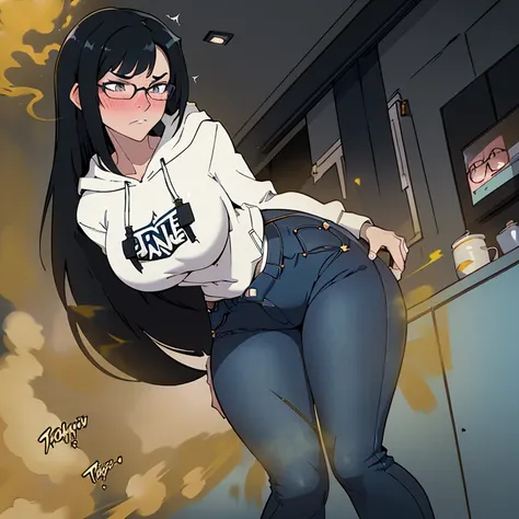 realism,beautiful lighting,(((1girl))),((black hair, sideswept hair bang,long hair)),pale skin ,((glasses, wearing hoodie, blue jeans)), massive fart, yellow smoke rising, ((blush, clenching teeth), wide eyes), standing, viewing front, TEXT:PHHHRRRRAAAP!!