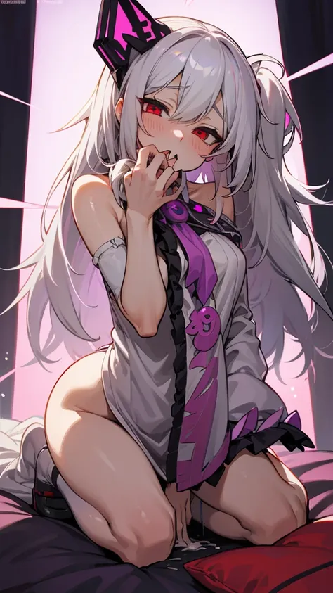 Highest quality　I have long hair　Gray Hair　Sagume Rare God　Red eyes　Odd Eye　kind　Cat ear　naked　ejaculation　Masturbation　ＳＥＸ