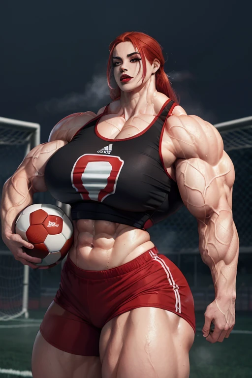 (((((Massive, tall, beautiful, sweating, pale white skinned, buff, muscular asian woman with red hair, black lipstick, ginormous bulky muscles and wearing a red soccer Jersey and sports shorts))))), (close view), massive muscles, massive biceps, hyper musc...