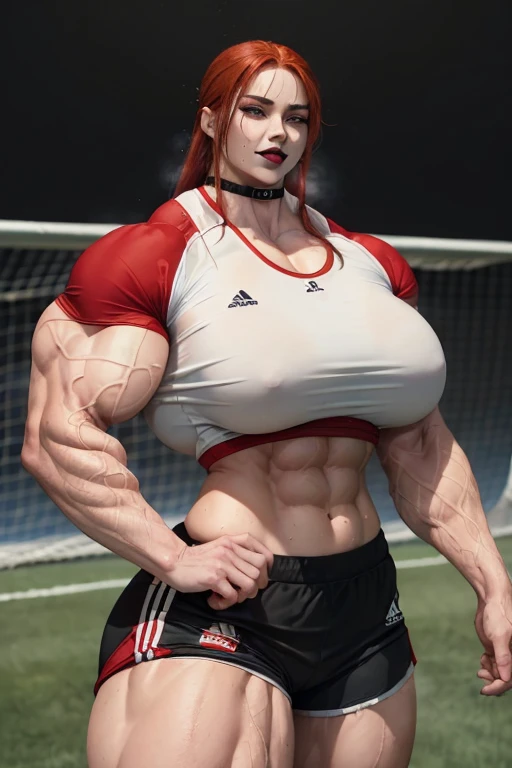 (((((Massive, tall, beautiful, sweating, pale white skinned, buff, muscular asian woman with red hair, black lipstick, ginormous bulky muscles and wearing a red soccer Jersey and sports shorts))))), (close view), massive muscles, massive biceps, hyper musc...