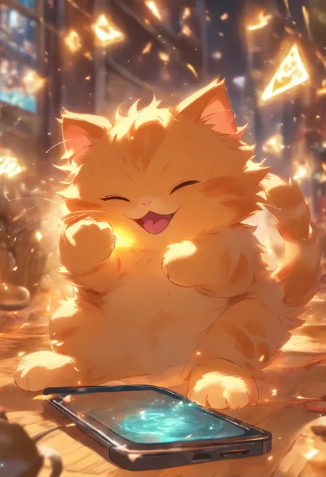 Fat Ginger Kitten happily plays with the smartphone again, completely unconcerned about it being locked away before.

Fat Ginger Kitten: (Giggling, having a great time)