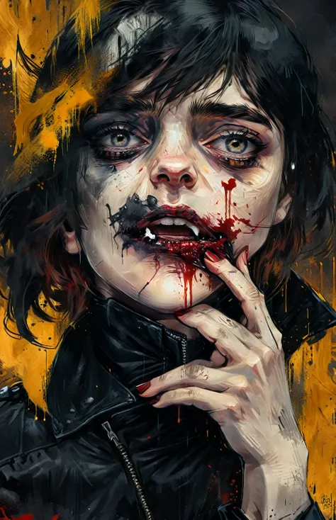 painting of a woman with blood on her face and a black jacket, dark but detailed digital art, by Galen Dara, portrait of arya stark, painted digital art, an expressive digital painting, expressive digital painting, 4k detailed digital art, great digital ar...