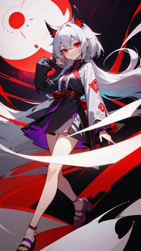 Highest quality　I have long hair　Gray Hair　Sagume Rare God　Red eyes　I dont have anything　vampire　Odd Eye　kind　Miko costume　Cat ear　modern style　Unfriendly