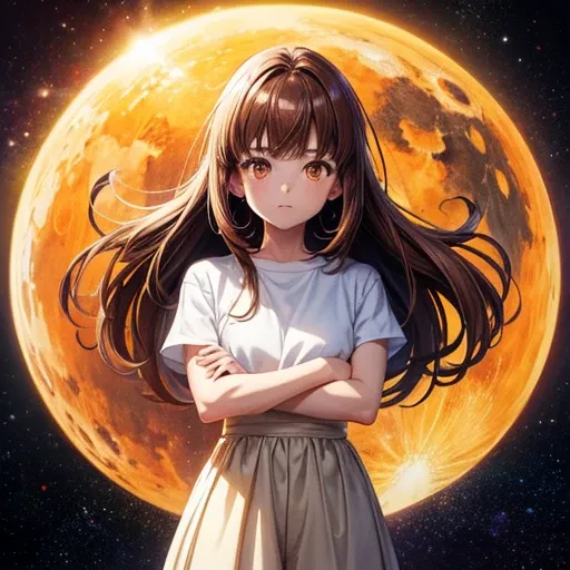 girl, Brown Hair, Orange eyes, Arms crossed, In the middle of the universe, ((Anime Style)), White shirt, Soft colors, Colorful background, Space Background, Soft Strokes