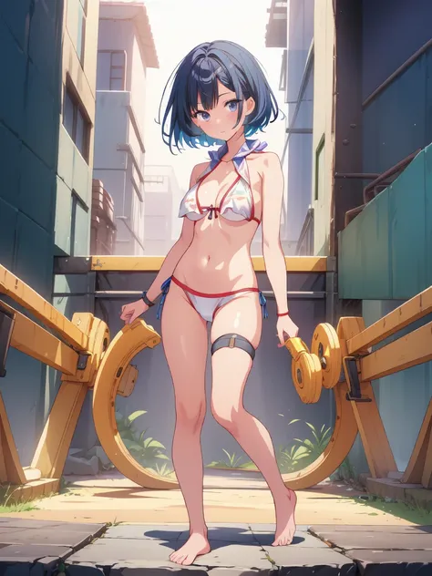 1girl、vtuber-fullbody、highest quality、Masterpiece、Official Art、The best composition、Super detailed、Standing in front of the viewer、short hair、Simple bikini、Small breasts、barefoot、Simple Background、Upright Pose、Character Design、