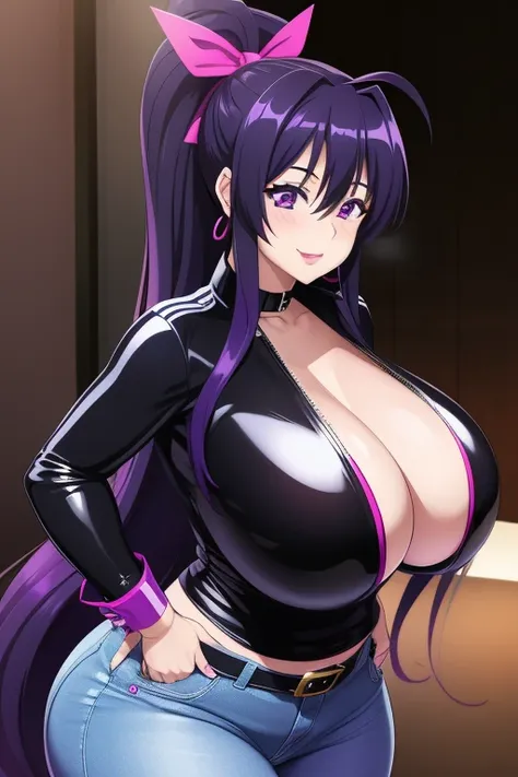 Akeno Himejima, 1girl, (((bimbo))), long blue gray hair, purple eyes, ear rings, (((bimbo))), puffy lips, painted lips, thick lips, smile face, wide hips, thick thighs, huge natural breasts, black jeans, black latex top