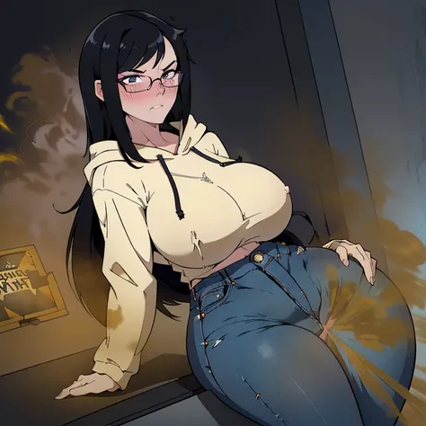 realism,beautiful lighting,(((1girl))),((black hair, sideswept hair bang,long hair)),pale skin ,((glasses, wearing tight hoodie, blue jeans)), boobstruggle, massive fart, yellow smoke rising, ((blush, clenching teeth, wide eyes)), ((leaning, viewing front)...