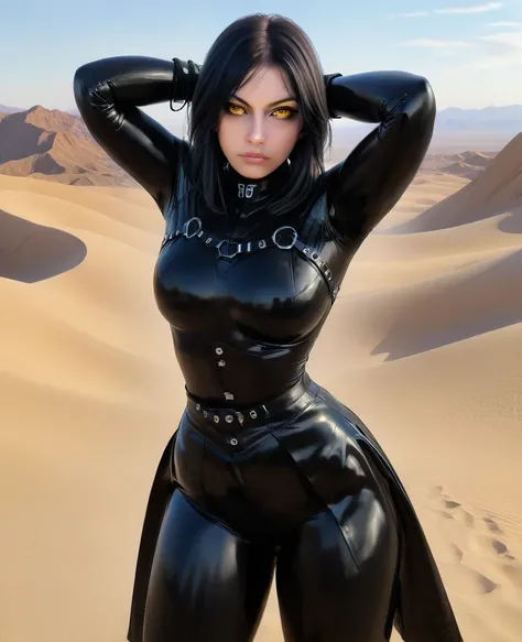 score_9,score_8_up,score_7_up,score_6_up,source_anime, 2d, Trilla,black hair, yellow eyes, black bodysuit, armor, cape, gloves, black pants, looking at viewer, serious, medium shot, standing, hands on hips, outside, desert, sunny,
