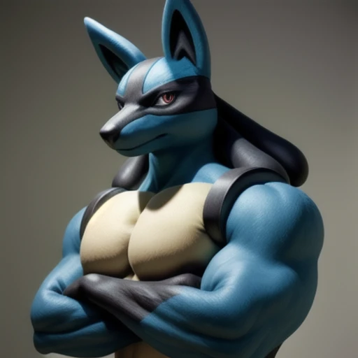 real e621, photorealistic, masterpiece, lucario_(pokemon), looking at viewer, sharp eyes, full body portrait, massive pecs