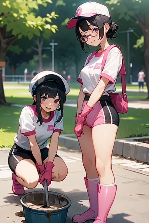 Two elementary school girls with black hair and glasses, wearing white rubber boots, large pink rubber gloves, gym caps and short sleeve gym clothes, cleaning a dirty public toilet in a park while smiling.