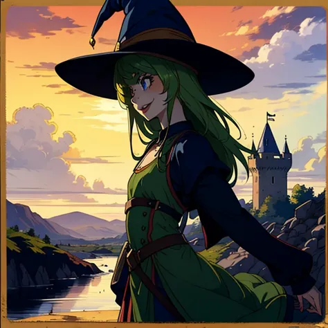 girl with green skin, in a witch's dress, pointed witch hat, happy face, in a medieval castle