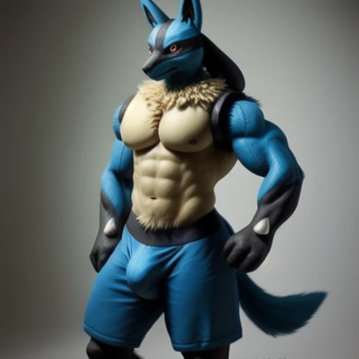 real e621, photorealistic, masterpiece, lucario_(pokemon), looking at viewer, sharp eyes, full body portrait, massive pecs, bulge