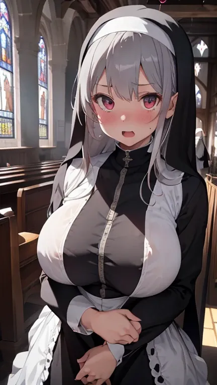 mastute piece,Best Quality,insanely detailed,8k cg,nsfw,
shoot upper body,(body in front:1.1),
1girl,standing,looking at viewer,Proudly、(upright:1.3),(Nun costume),
break,blush,shy,(trembling:1.2),break,(Grey Hair),(large breasts:1.1),(open mouth:0.9),(chu...