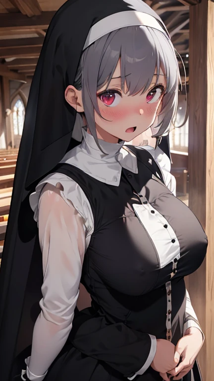 mastute piece,Best Quality,insanely detailed,8k cg,nsfw,
shoot upper body,(body in front:1.1),
1girl,standing,looking at viewer,Proudly、(upright:1.3),(Nun costume),
break,blush,shy,(trembling:1.2),break,(Grey Hair),(large breasts:1.1),(open mouth:0.9),(chu...