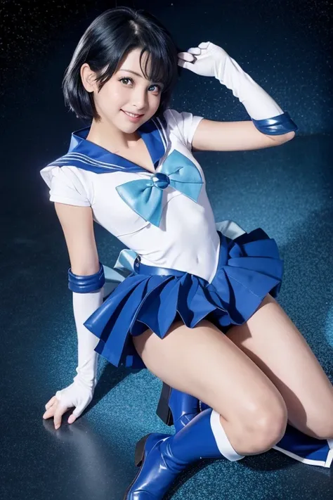 Sailor Mercury　Sailor Warrior Uniform　Transform　skirt　boots　cute　whole body　Sailor Leotard　ribbon　tiara　Gloves　smile