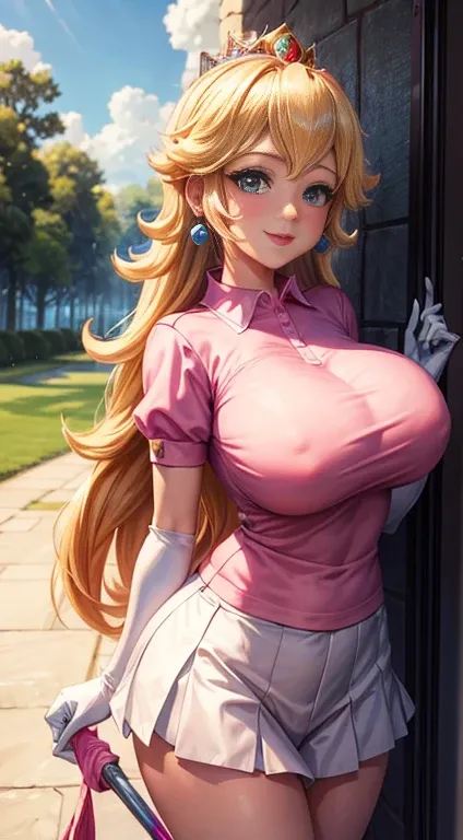 masterpiece, high resolution,ultra high resolution,4k, princess peach,pink polo shirt ,short white skirt, smile, blond hair, white golfing gloves. looking at viewer, large breasts, (pov,closed shot:1.2),blush,big tits , nipples , (perfect face), perfect bo...