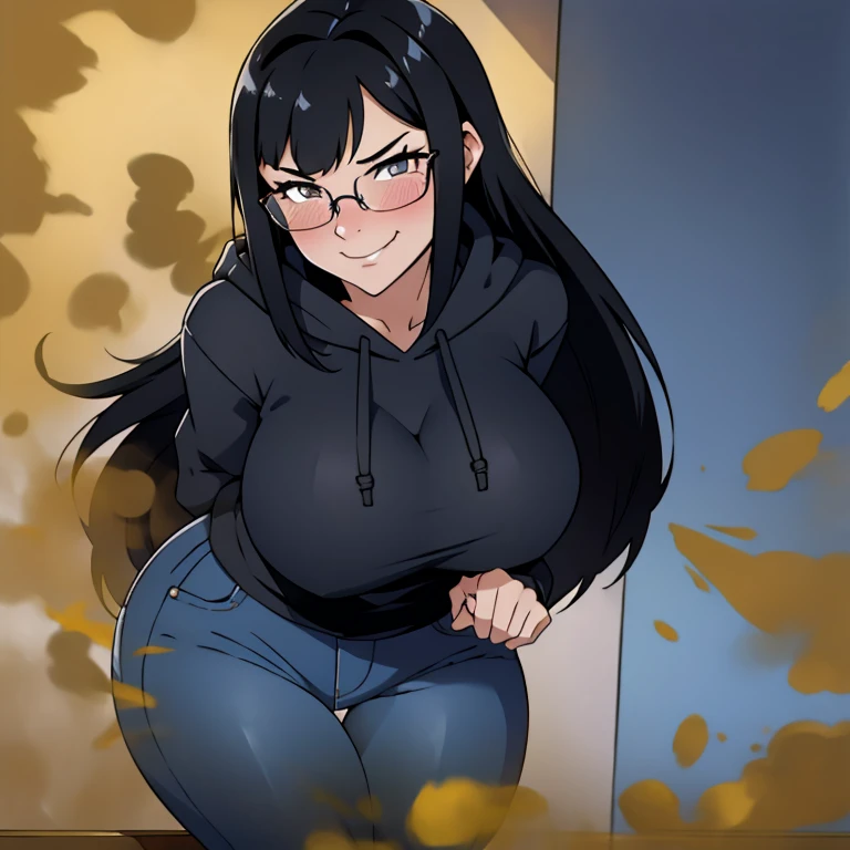 realism,beautiful lighting,(((1girl))),((black hair, sideswept hair bang,long hair)),gleaming skin ,((glasses, wearing tight hoodie, blue jeans)), boobstruggle, massive fart, yellow smoke rising, ((blush, clenching teeth, smiling, wide eyes)), ((leaning fo...