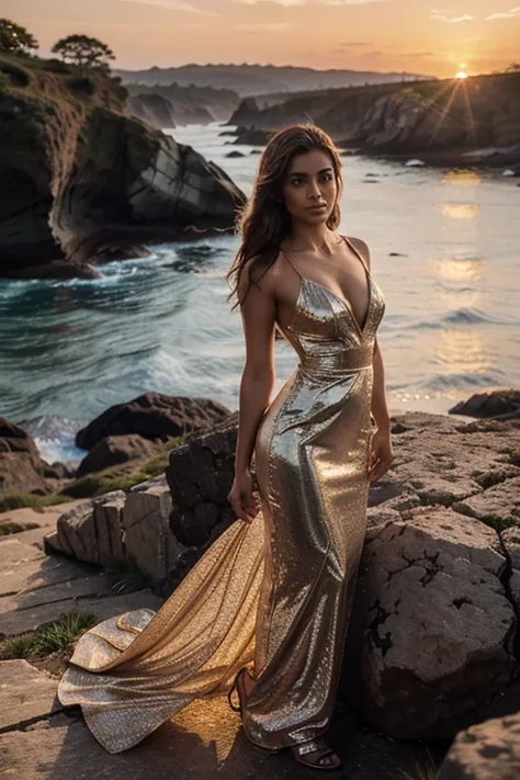 beautiful woman in a stunning dress against the backdrop of the setting sun on a rocky coast