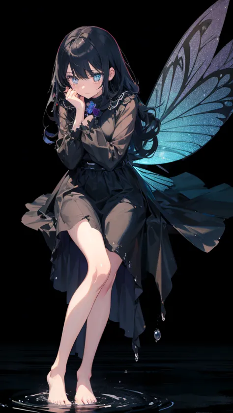 1 anime girl, alone,,Black petals flutter, A mysteriously shining butterfly.city,thin legs,Gloomy cloudy sky,sad expression,very clear,highest quality,city,standing on the street corner,Are crying,tears,close up of face,Sit in the water,barefoot,holding a ...