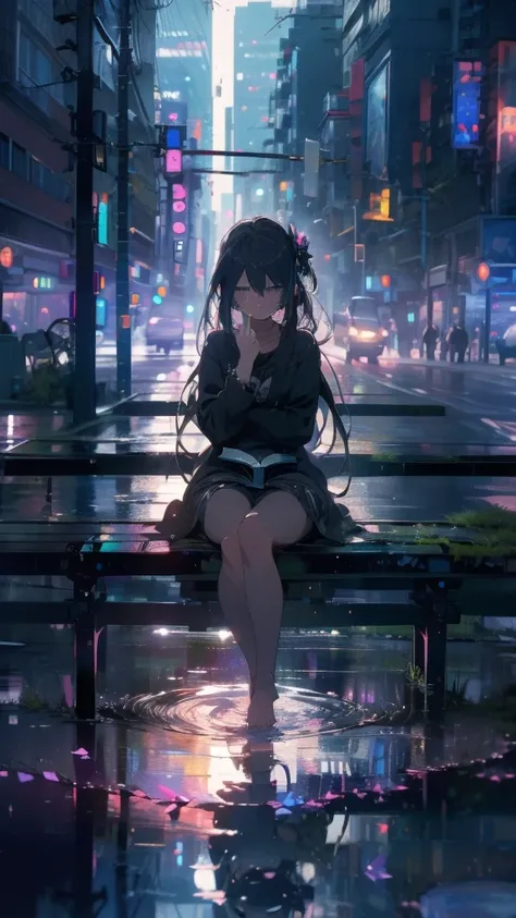 1 anime girl, alone,,Black petals flutter, A mysteriously shining butterfly.city,thin legs,Gloomy cloudy sky,sad expression,very clear,highest quality,city,standing on the street corner,Are crying,tears,close up of face,Sit in the water,barefoot,holding a ...