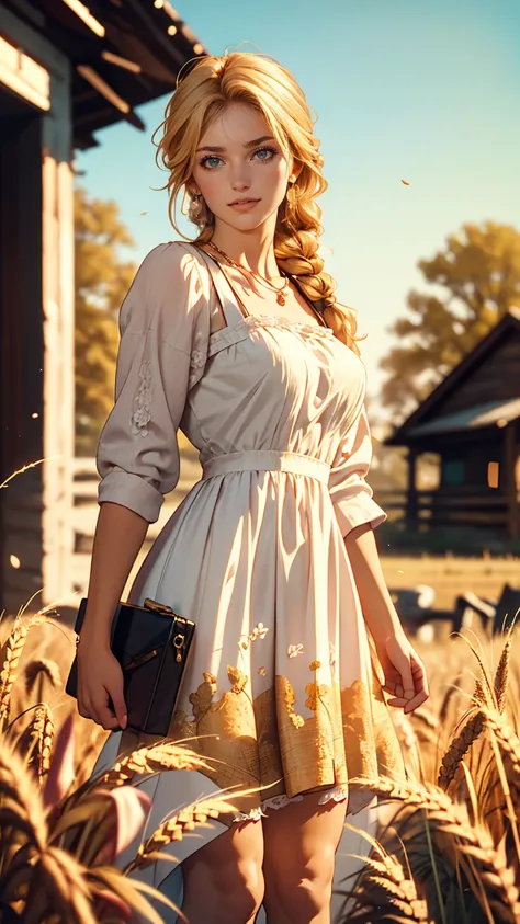 One girl, 20-year-old, Tall and attractive, Wearing a cute country dress, Braided hair, Standing on a rural farm. Shes gentle, A kind smile and expressive eyes. A charming barn can be seen in the background., Golden wheat fields and clear blue skies. The c...