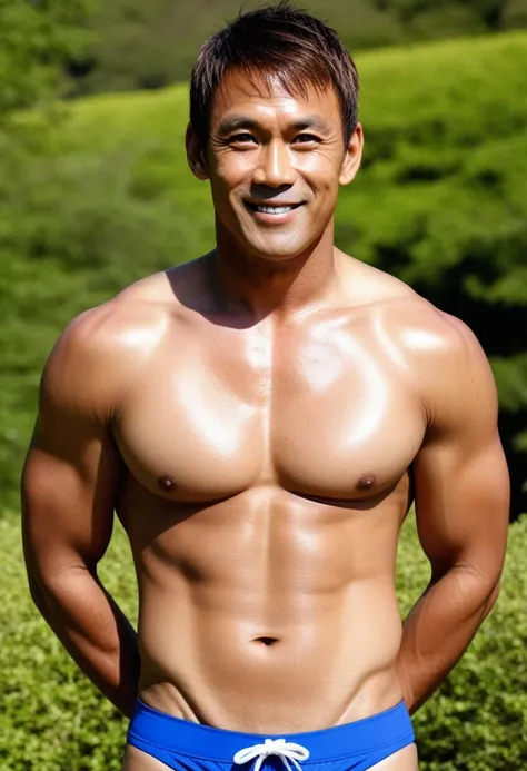 photo, 8k, sharp focus, male actor, lightbrown hair, brown skin, cute ikemen, 45yo, mixed with American and japanese, heavy weight male celeb, beautiful detailed eyes, short hair, center parted bangs, thick waist, large eyes, celeb, male black bikini, topl...