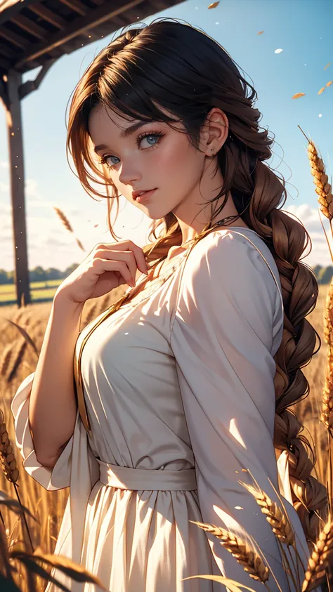 One girl, 20-year-old, Tall and attractive, Wearing a cute country dress, Braided hair, Standing on a rural farm. Shes gentle, A kind smile and expressive eyes. A charming barn can be seen in the background., Golden wheat fields and clear blue skies. The c...