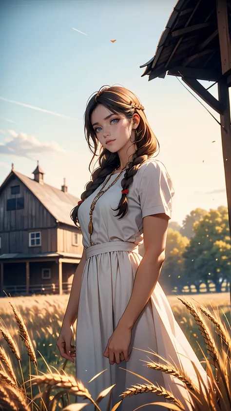 One girl, 20-year-old, Tall and attractive, Wearing a cute country dress, Braided hair, Standing on a rural farm. Shes gentle, A kind smile and expressive eyes. A charming barn can be seen in the background., Golden wheat fields and clear blue skies. The c...