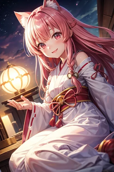 highest quality, High resolution, Perfect human structure, People Focus, Front view, Shiny Hair, Glowing Eyes, Cat ear, Pink Hair, length, shrine, shrine maiden outfit, overall angle, Happy smiling gradient eyes, Swept-apart bangs,