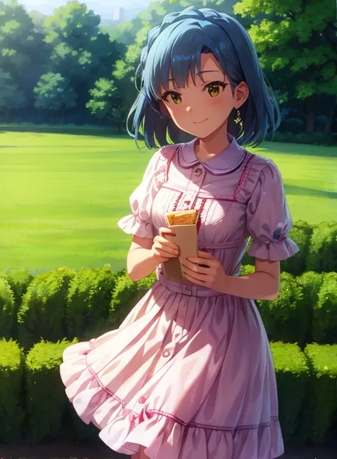 Yuriko did it (A million people live), 1 girl, alone, highest quality, Tabletop, 8k, High resolution, Super detailed, Outdoor、Daytime, Light Smile, Light blue dress, Sailor Color Dress, Short sleeve, Puffy sleeves, Yellow cardigan,