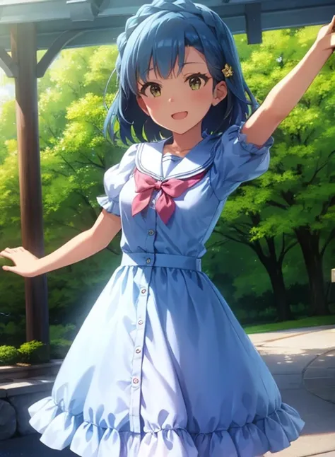 Yuriko did it (A million people live), 1 girl, alone, highest quality, Tabletop, 8k, High resolution, Super detailed, Outdoor、Daytime, Light Smile, Light blue dress, Sailor Color Dress, Short sleeve, Puffy sleeves, Yellow cardigan,