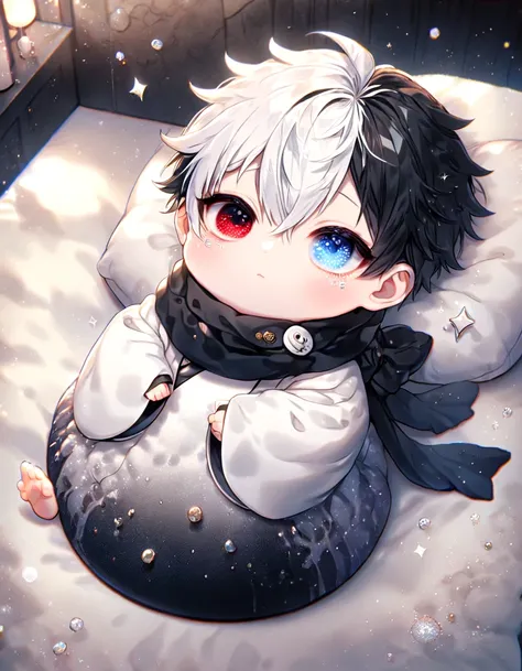 absurdres, highres, ultra detailed, HDR, master piece, best quality, extremely detailed face and eyes, Gojo Satoru as a baby, solo, cute, short hair with bangs, hair between the eyes, he has two different hair colour, bicolored hair, right half black hair,...