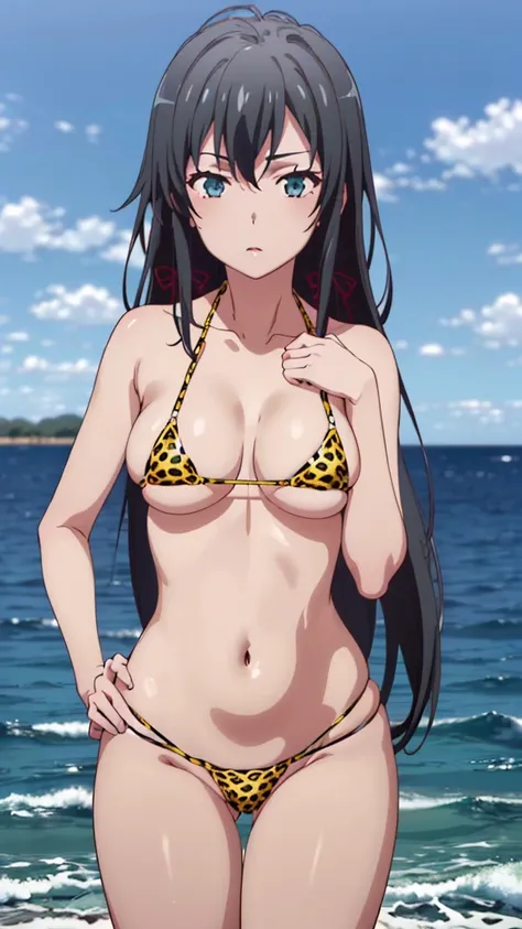 (masterpiece, 4K, highest quality, anime style: 1.9, Detailed face, Lovely, Ocean,Bold Line, High resolution, anime, Lake 4. alone, Curvaceous, Thighs, Cleavage, Center of chest, Very slim belly, Cowboy Shot, (Leopard print micro bikini),1 girl, yukino yuk...