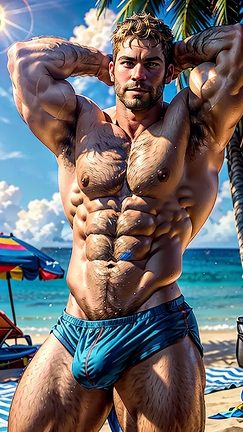 Paul Walker, beefy build, hefty, bodybuilder, muscle swelling, shirtless, beach underwear, very hot male, beefy pecs, hairy chest, six-pack ABS, hairy abdomen, hairy groin, small gold necklace, 3 meters tall bodybuilder, oversized biceps are 240 inches, wi...