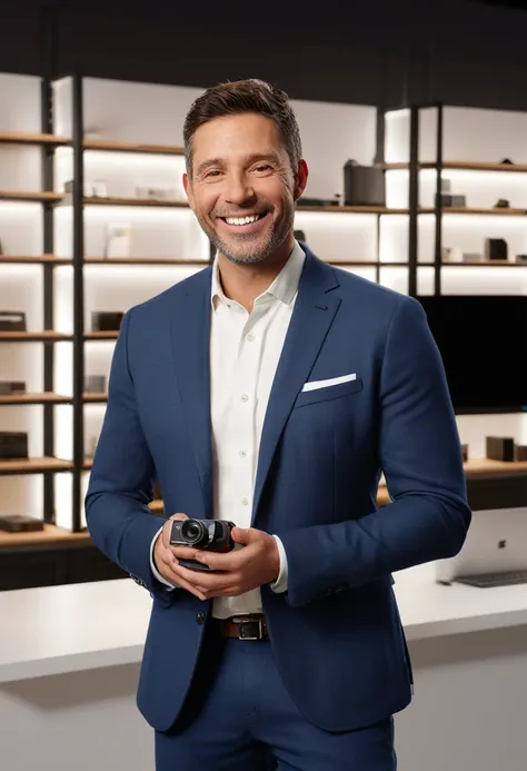 A livestream retailer standing confidently in a modern, well-lit studio, dressed in a professional business attire. The retailer is mature, exuding trustworthiness and professionalism, with a friendly and approachable demeanor. The background includes shel...