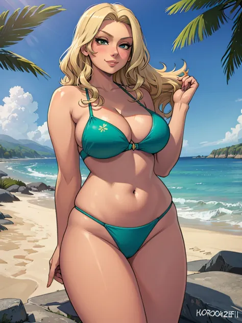 high_aesthetic,art by Lazorchef, ((Masterpiece, best quality, perfect lighting, amazing shading)), perfect anatomy, field of depth, extremely beautiful, long blonde hair, wavy hair, green bikini, cute smile, (cleavage), blushing, beach background, detailed...