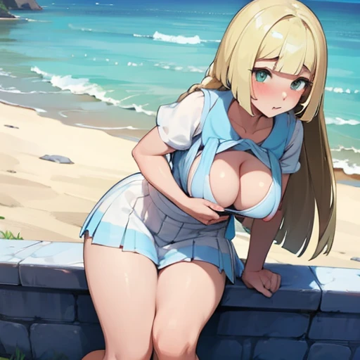 Lillie from Pokémon, large , large thighs, lusty eyes, cleavage