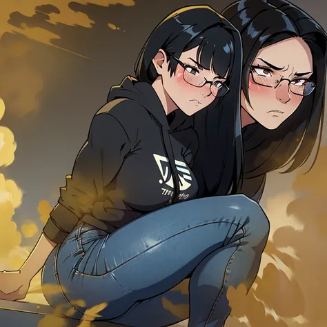 realism,beautiful lighting,(((1girl))),((black hair, sideswept hair bang,long hair)),gleaming skin ,glasses, wearing hoodie tshi...