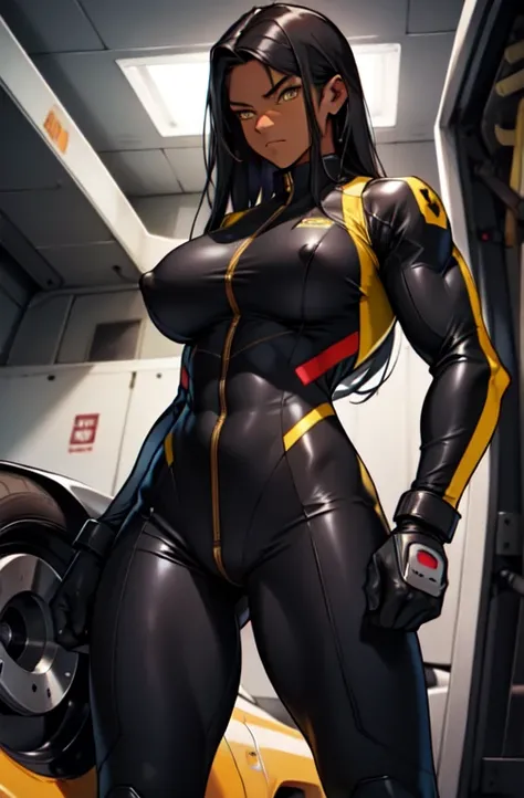 (((1 girl))) angry very long hair very very dark skin black hair yellow eyes (((muscular))) (huge breasts) bodybuilder pilot suit bodysuit hard swollen nipples 