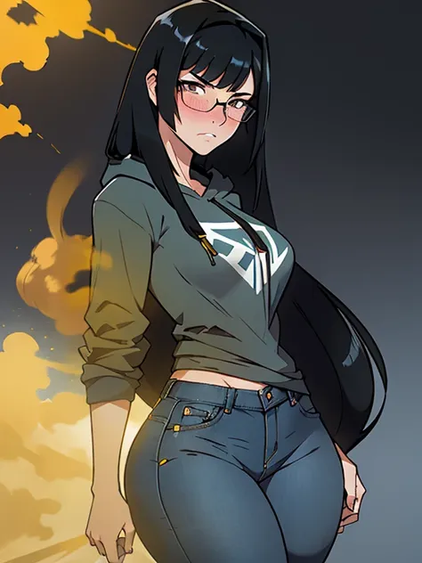 realism,beautiful lighting,(((1girl))),((black hair, sideswept hair bang,long hair)), tall body ,glasses, hoodie tshirt, blue je...